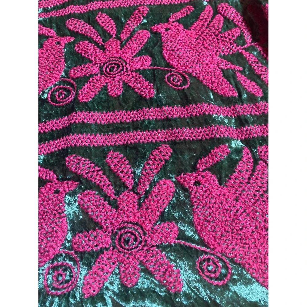 Sister Mary Green Crushed Velvet Embroidered Bird Floral Puff Sleeve Top XS